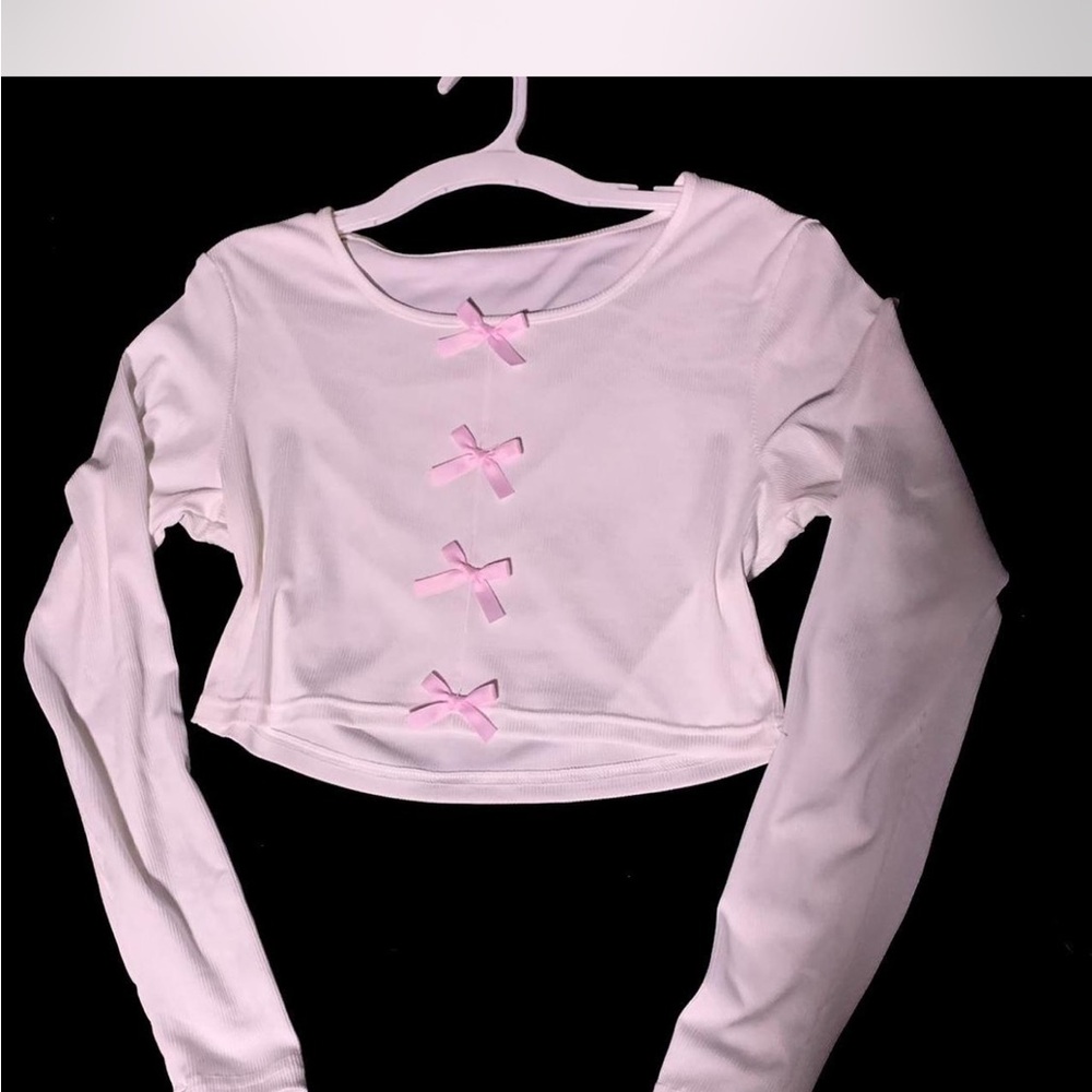 White Long Sleeve Top with Pink Bows